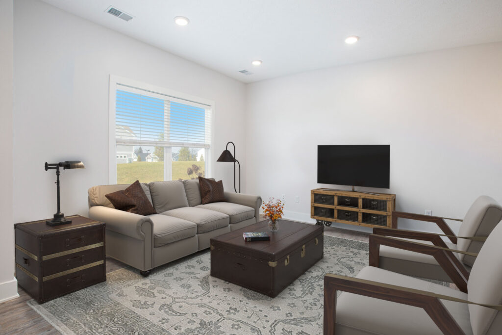 An interior living room looking out into the neighborhood